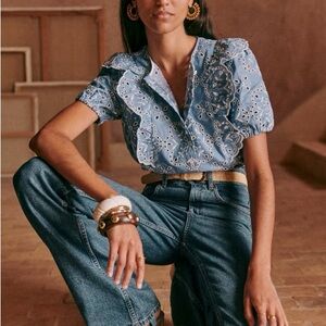 Sézane Jordanna Shirt – Denim Blue – Size 38 (US 6) Embroidered Top